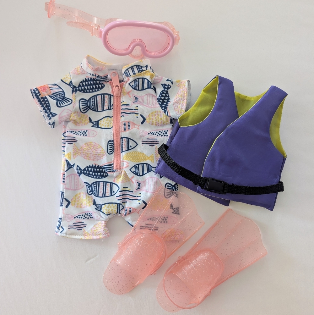 18" Doll Bathing Suit Set With Goggles Flippers And Life Vest